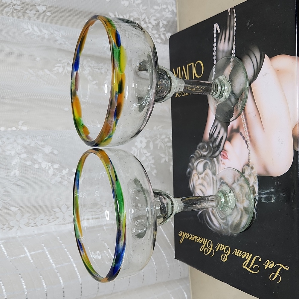 Matching Mexican Textured Confetti Hand Blown Recycled Glass Margarita Glasses